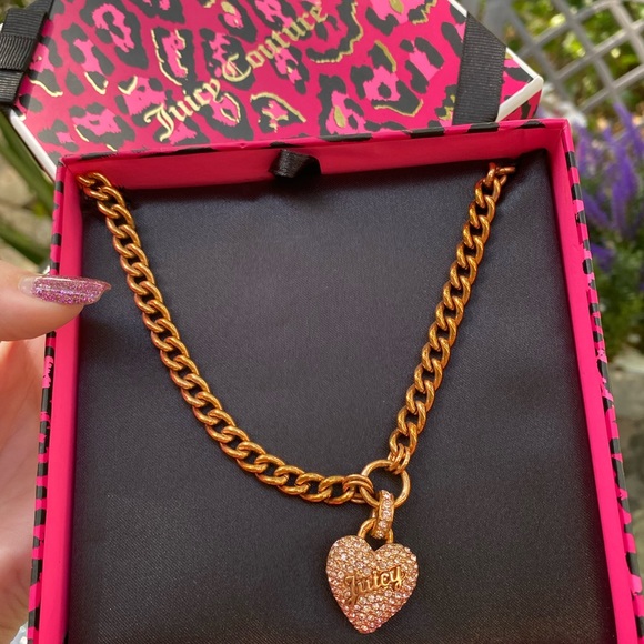 Juicy Couture Logo Gold & Crystal Heart Chain Necklace with Box - Picture 10 of 16